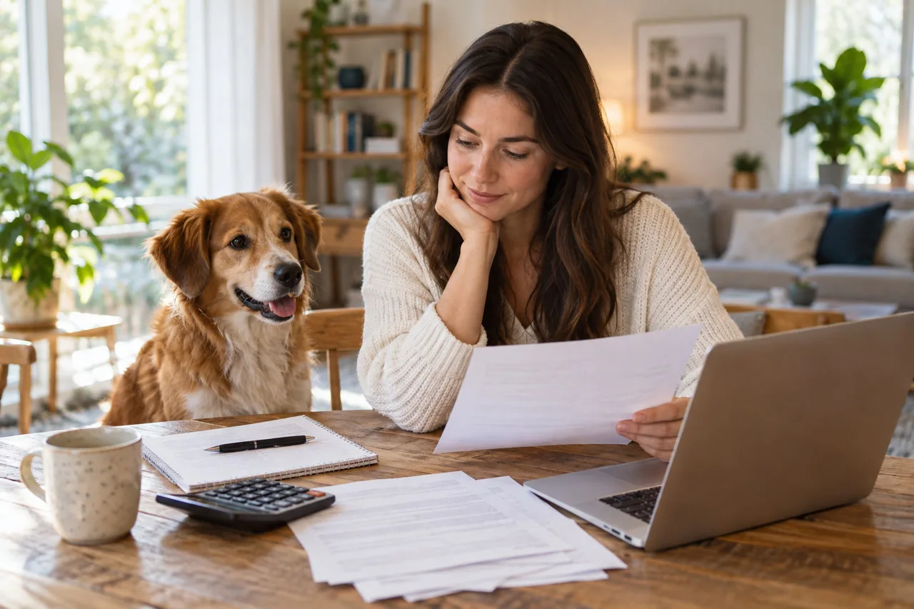Owner reviewing paperwork beside a dog