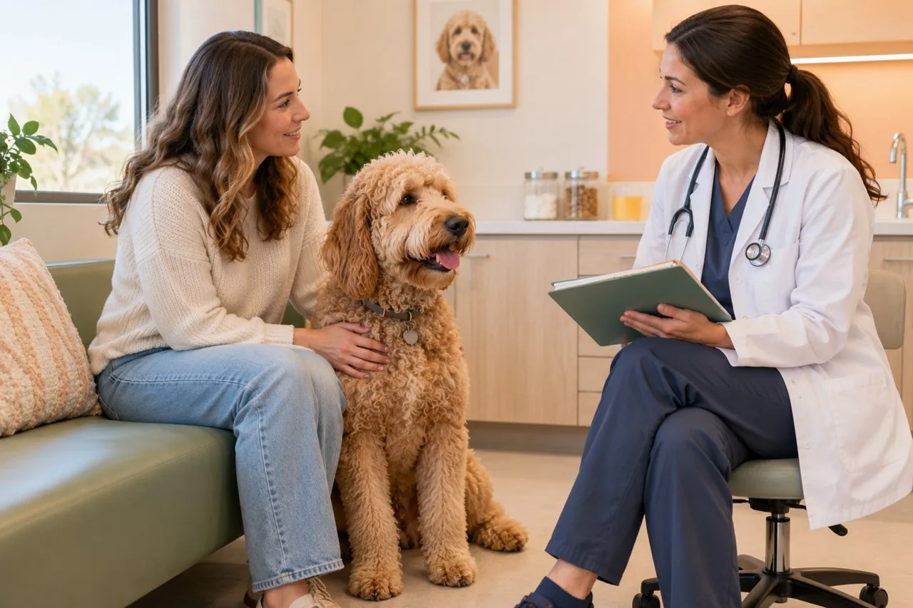 Owner and dog meeting a veterinary professional in a consultation room